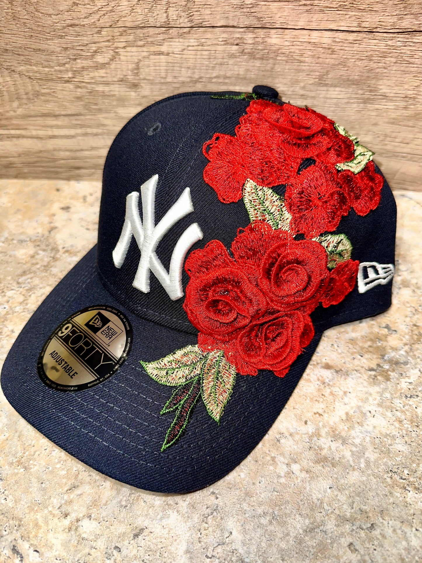 Navy Blue & Red Rose Fitted Cap