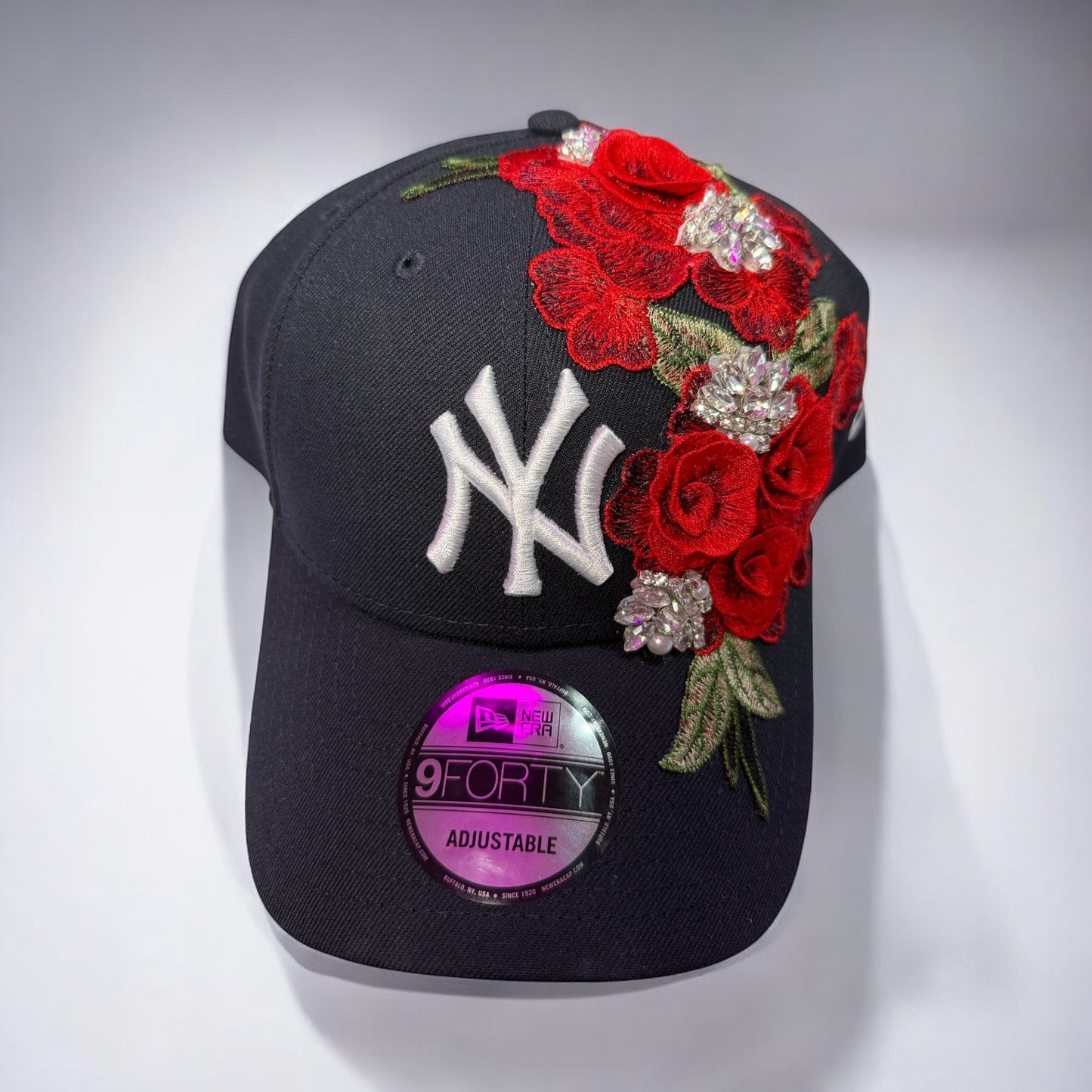 Navy Blue & Red Rose Fitted Cap