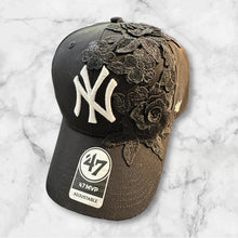 Load image into Gallery viewer, Black Rose Fitted Cap w/ Diamonds &amp; Pearls
