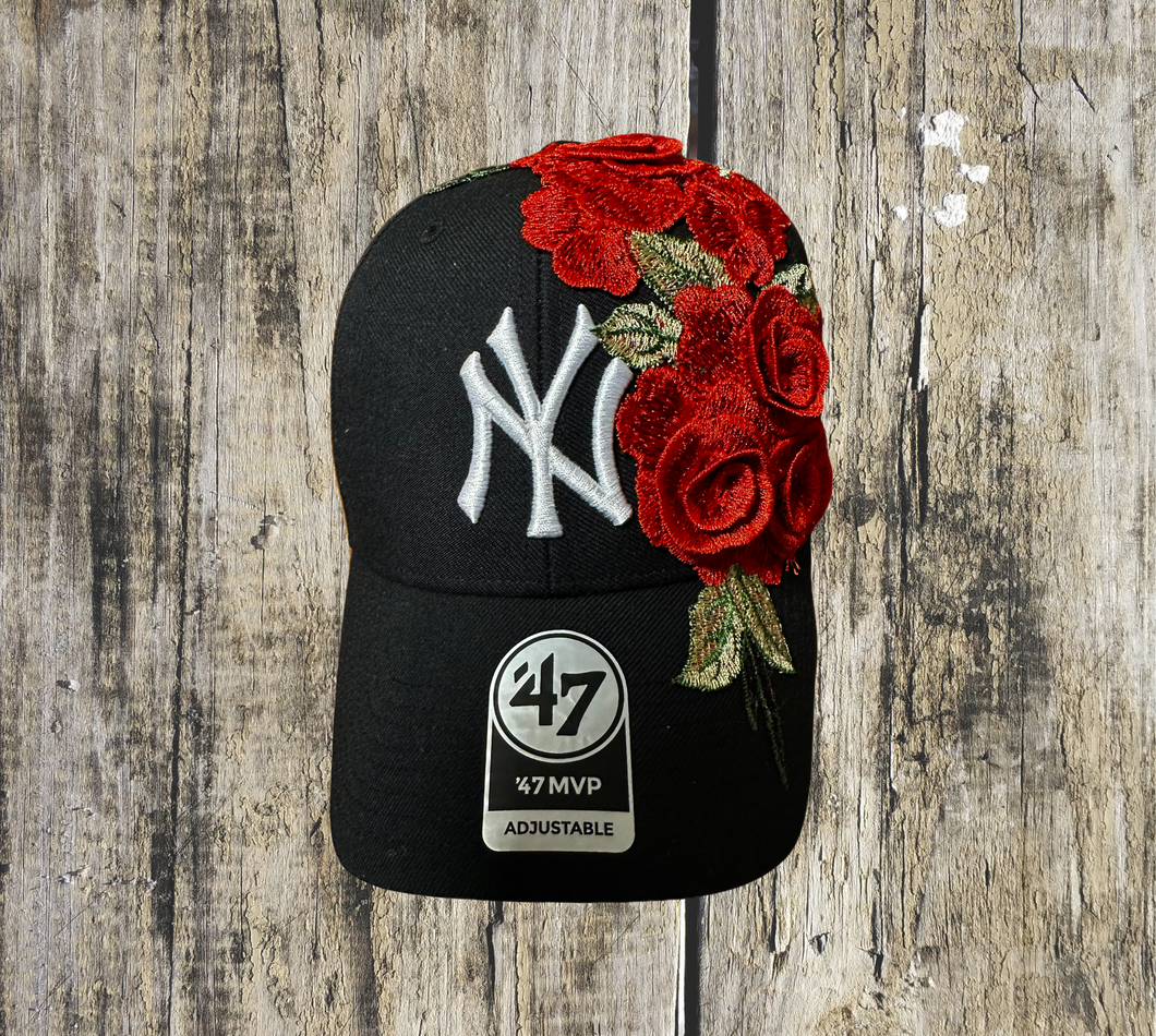 Black & Red Rose Fitted Cap