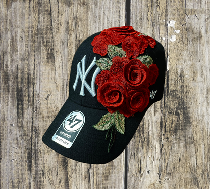 Black & Red Rose Fitted Cap