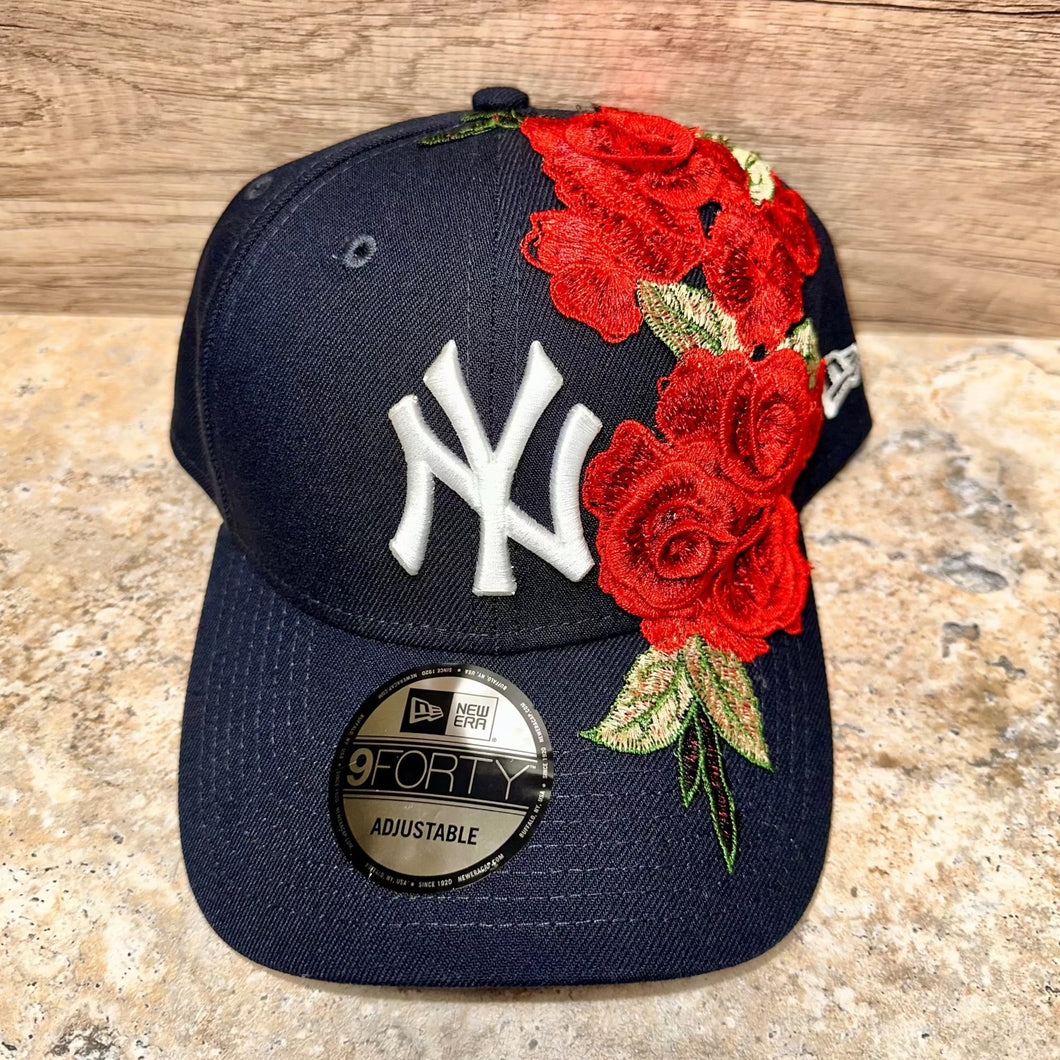Navy Blue & Red Rose Fitted Cap